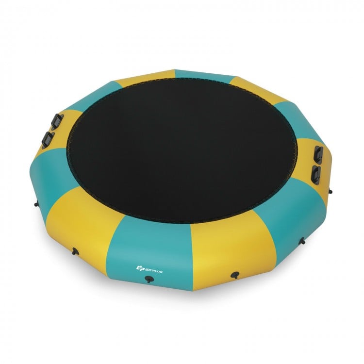 15-foot inflatable water bouncer trampoline in yellow and teal, ideal for water sports and sunbathing.