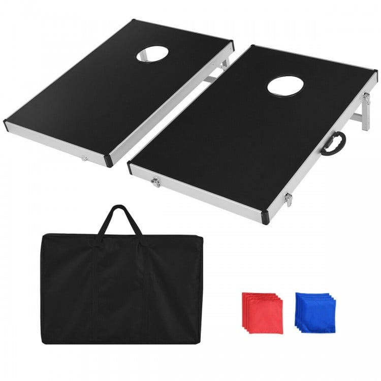 Foldable cornhole set with two sturdy boards, aluminum frame, and carrying handle, includes 8 sandbags for outdoor fun.