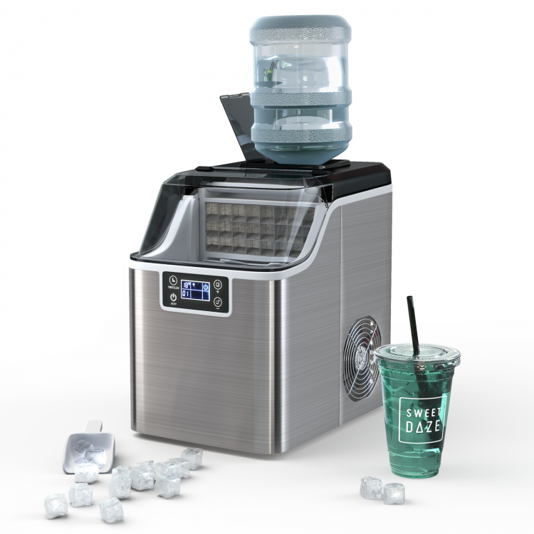Electric portable countertop ice maker in silver with water bottle holder, producing 24 square ice cubes per cycle.