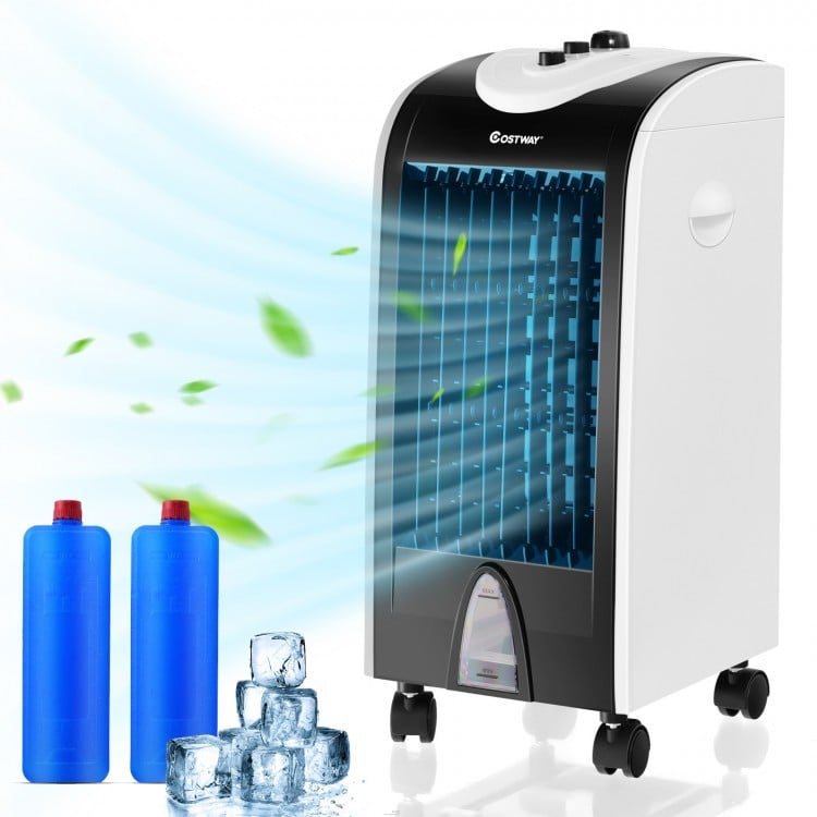 Portable evaporative air cooler with filter knob, featuring 3 wind speeds and 2 ice-crystal boxes for enhanced cooling.