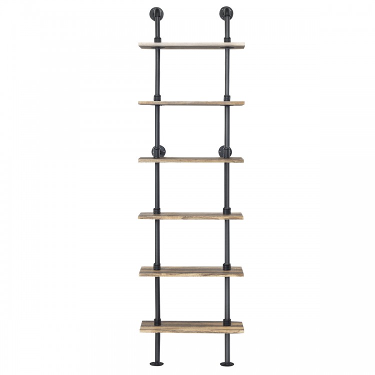 6-tier industrial wall-mounted pipe shelves with metal supports, showcasing a unique design for stylish room.