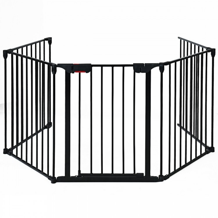 5-panel adjustable black metal fireplace fence with walk-through door, perfect as a pet gate or safety barrier indoors.