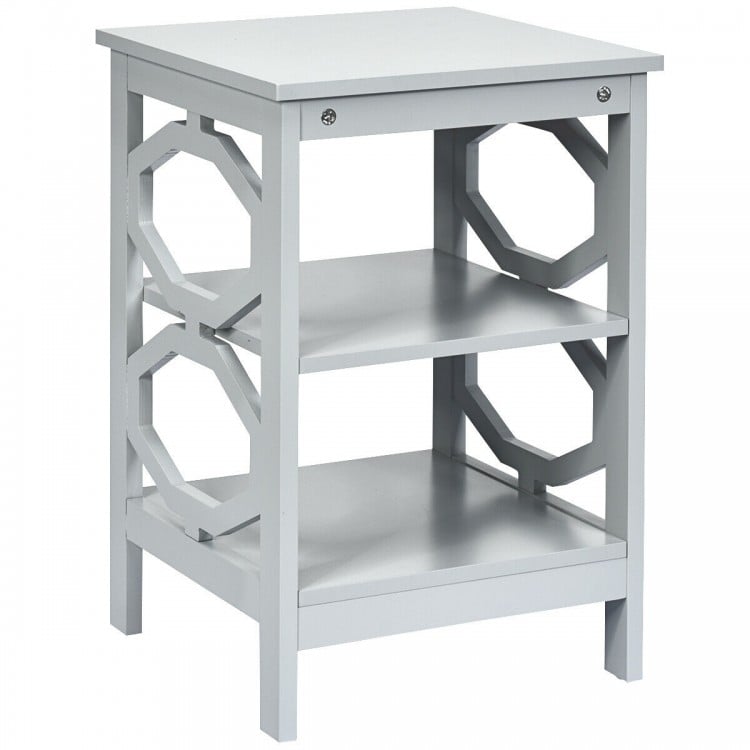 Gray 3-tier nightstand with open compartments, perfect for storage and display in living room or bedroom.