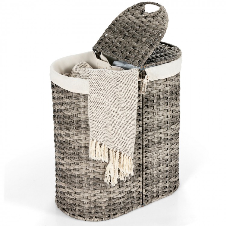 Handwoven gray laundry hamper basket with removable liner bags and lift-up lid, perfect for organizing clothes and toys.