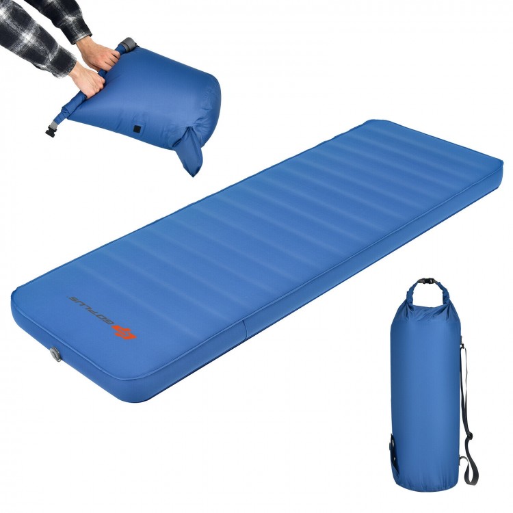 Self-inflating blue camping sleeping mattress with carrying bag, made of waterproof TPU for outdoor comfort and.