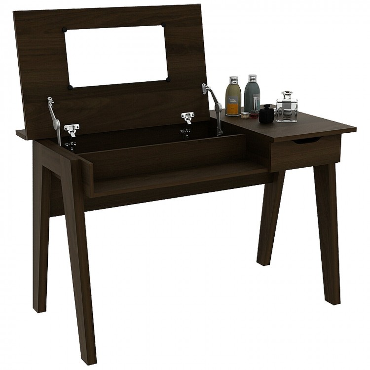 Dressing table with flip mirror, storage drawer, and two compartments for organized makeup, ideal for modern homes.