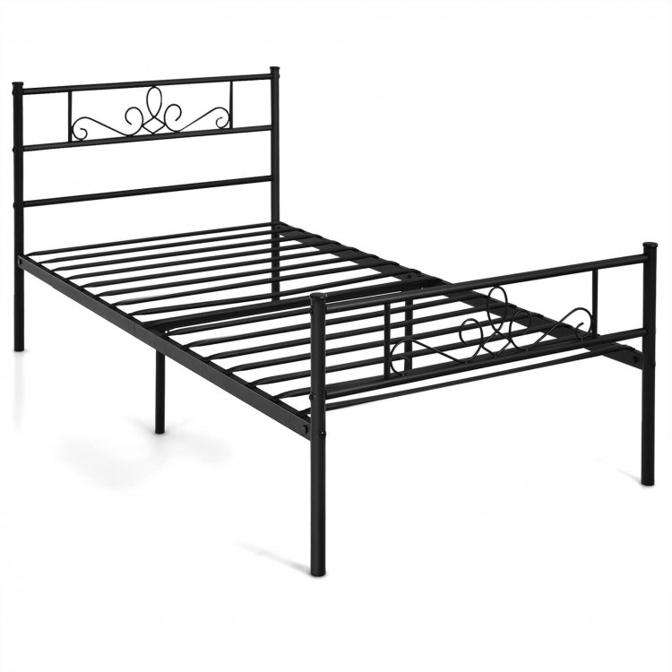 Twin size metal bed frame with headboard and footboard, featuring solid steel slats and elegant design for bedroom use.
