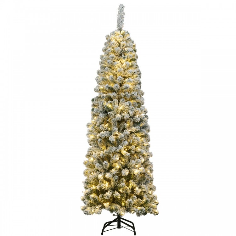 6-foot pre-lit snow flocked pencil Christmas tree with 250 warm LED lights, perfect for limited space displays.