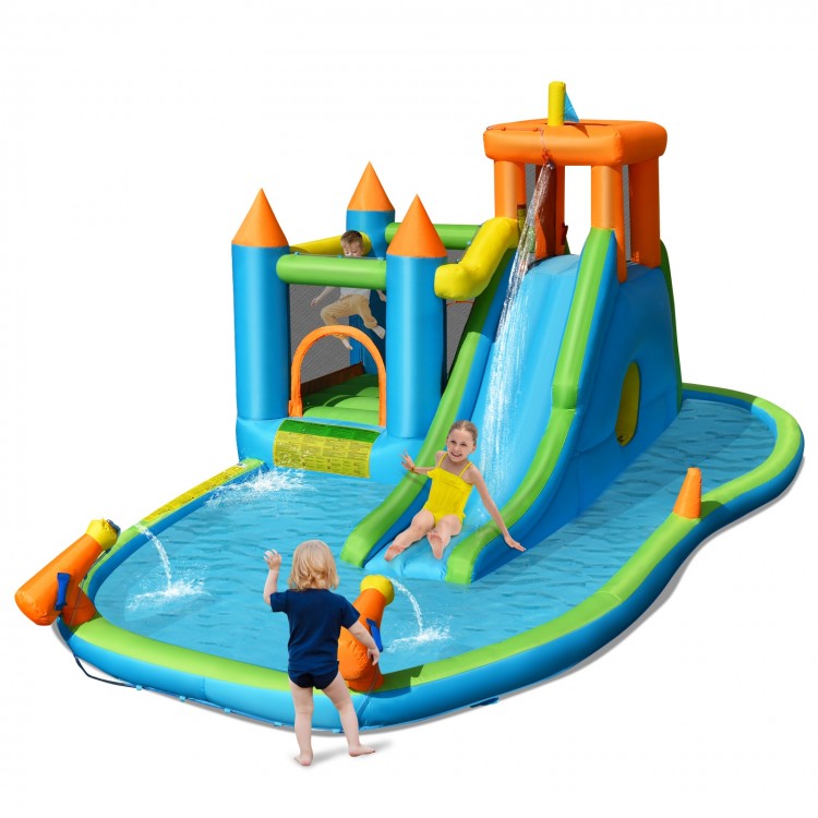 Inflatable water slide with bounce house, splash pool, and water cannons for kids' outdoor fun in vibrant colors.