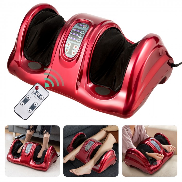 Therapeutic Shiatsu foot massager in wine color with remote control, featuring adjustable speeds and four massage modes.