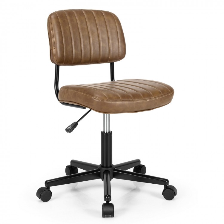 Brown PU leather adjustable office chair with backrest, featuring a sturdy 5-claw base and smooth-rolling casters.