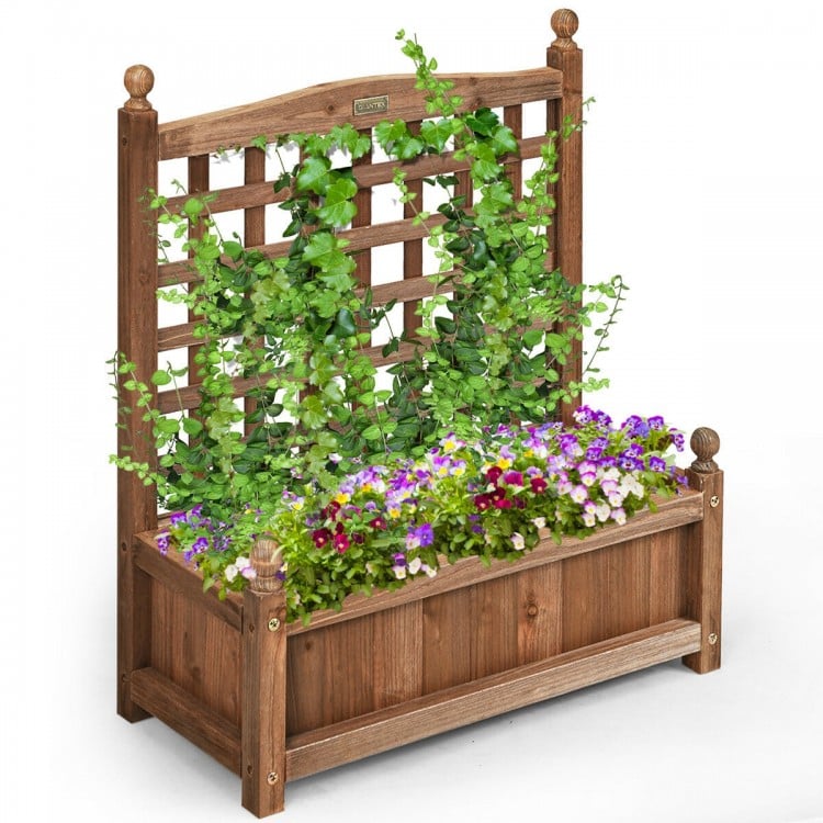 Solid wood planter box with trellis, weather-resistant design, ideal for climbing plants in garden or patio.