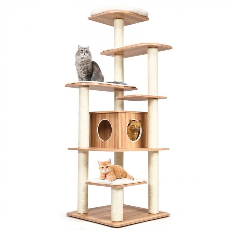 Tall 7-layer wooden cat tree with sisal posts, featuring a condo and removable mats for easy cleaning and cat play.