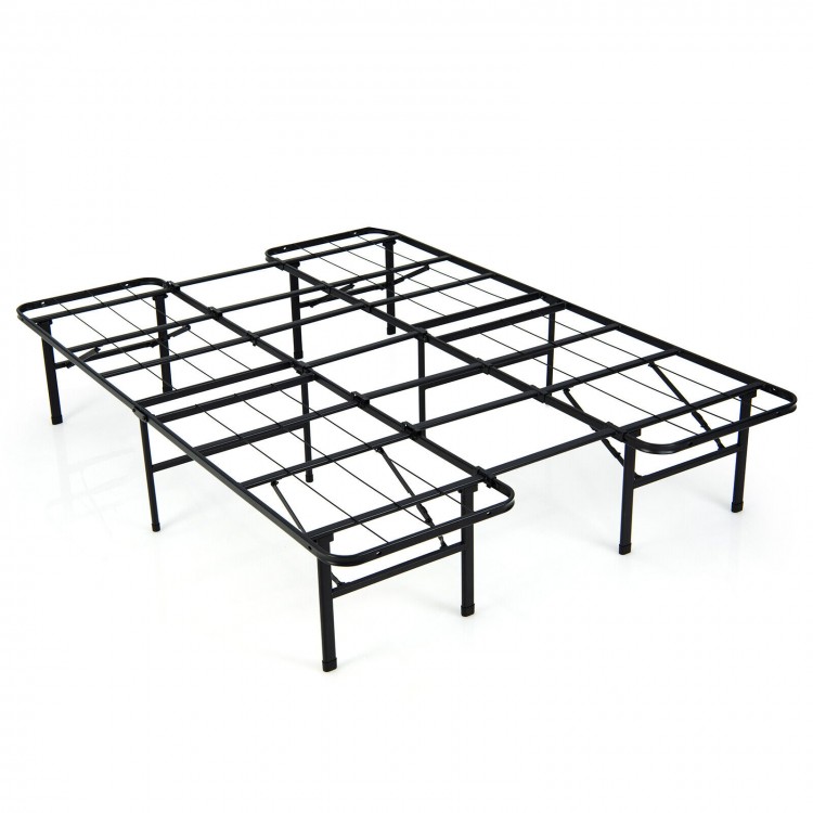 Folding steel platform bed frame in black for full/king size, featuring a stable design and 13-inch under-bed storage.