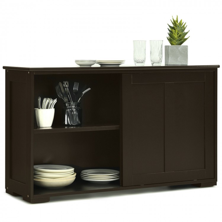 Kitchen storage cabinet with wood sliding doors, featuring spacious top and two shelves for efficient organization.