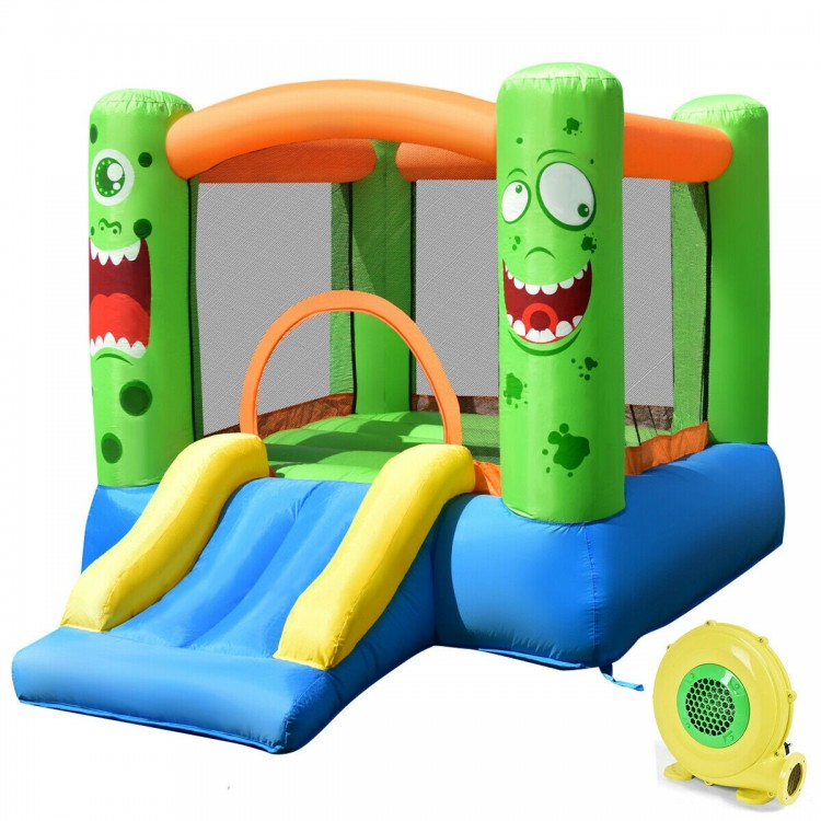 Inflatable castle bounce house with slide, vibrant colors, mesh walls for safety, ideal for kids' playtime.