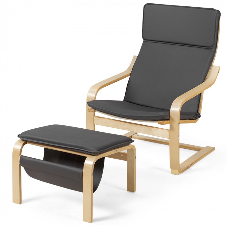 Gray Relax Bentwood Lounge Chair set with ottoman and magazine rack, featuring a natural wood frame and thick cushions.