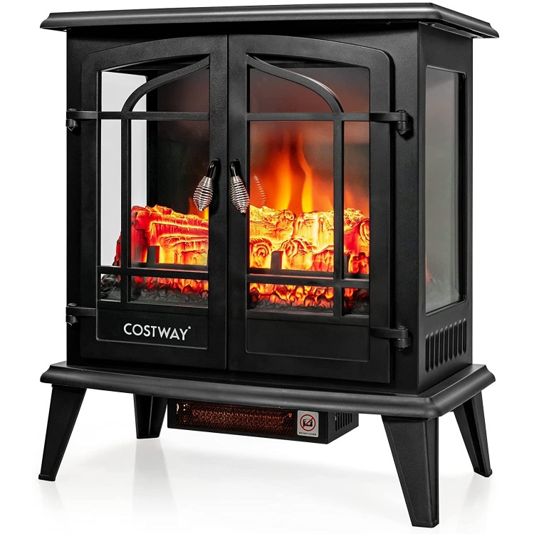 Freestanding black electric fireplace heater with realistic flame effect, adjustable temperature, and overheat.