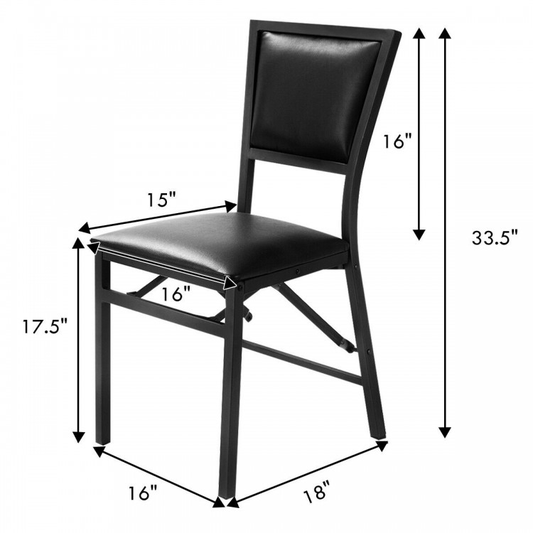Black metal folding dining chair with ergonomic design, PU leather upholstery, and compact space-saving features.