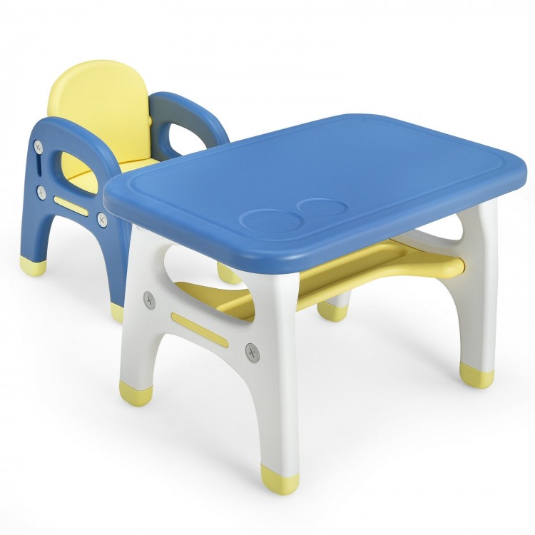 Kids activity table and chair set in blue and yellow, made of durable HDPE, perfect for preschool play and learning.
