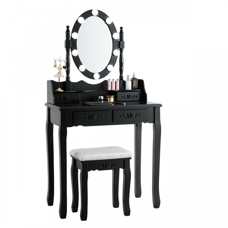 Black makeup dressing table with lighted mirror, cushioned stool, and four storage drawers for cosmetics organization.
