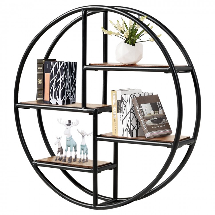 Circular wall-mounted 4-tier storage shelf in black with open shelves, ideal for displaying artwork in any room.
