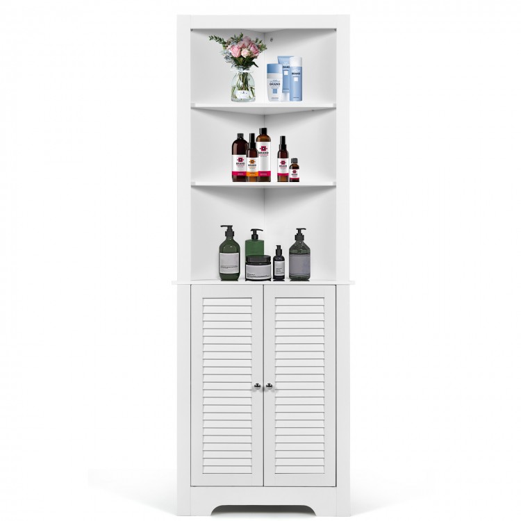 Free standing tall bathroom corner storage cabinet in white with three shelves and adjustable inner shelf for versatile.