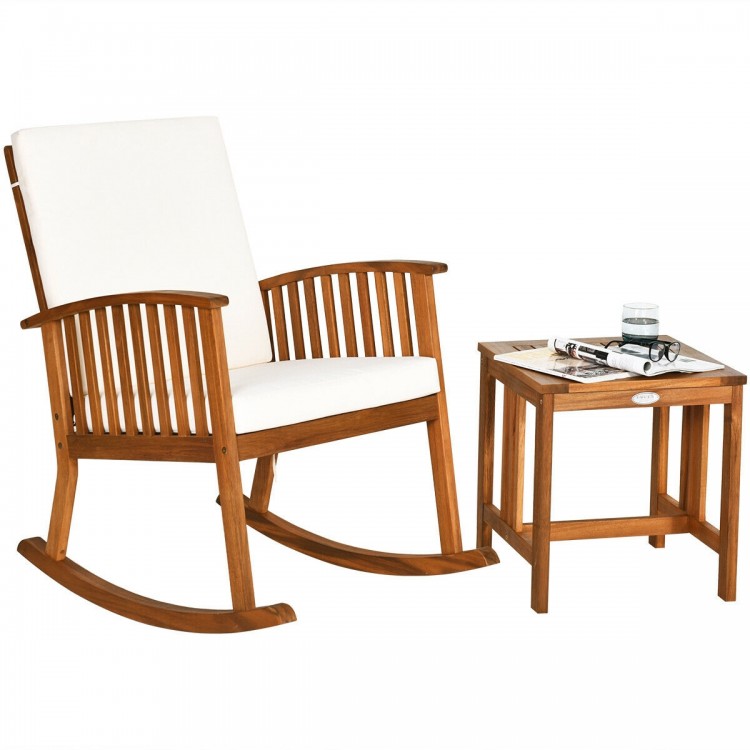 Acacia wood patio rocking chair and table set with thick cushions, perfect for outdoor relaxation and comfort.