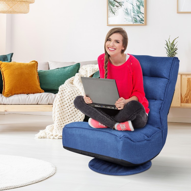 Navy 5-position folding floor gaming chair with 360-degree swivel base, ideal for comfortable seating and space-saving.