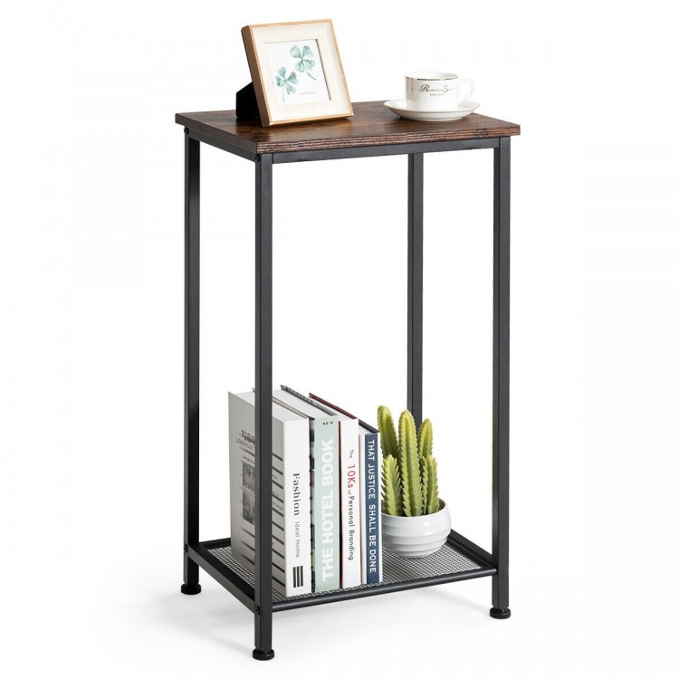 2-tier industrial end table with a rustic top and metal mesh shelf, perfect for living room or bedroom storage.