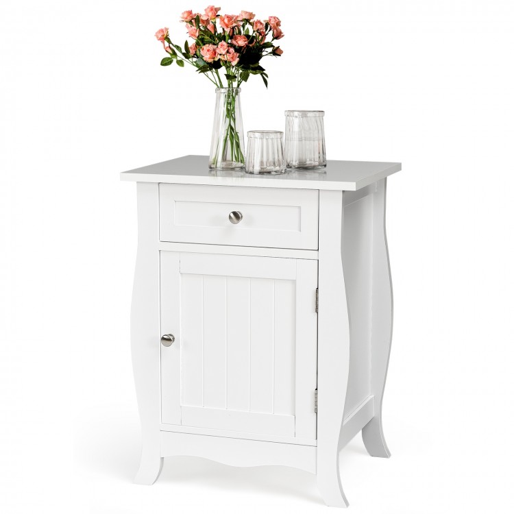 White wooden accent end table with drawer and cabinet, featuring a wave-shaped bottom, ideal for stylish storage.