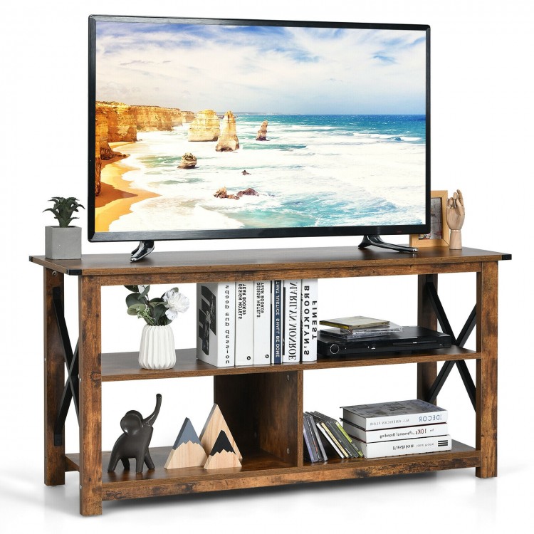 Modern farmhouse TV stand with open shelves, accommodating TVs up to 55 inches, featuring rustic design and cable.