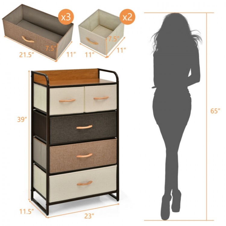 4-tier organizer tower with 5 multicolor fabric drawers and wooden top, ideal for living room or bedroom storage.