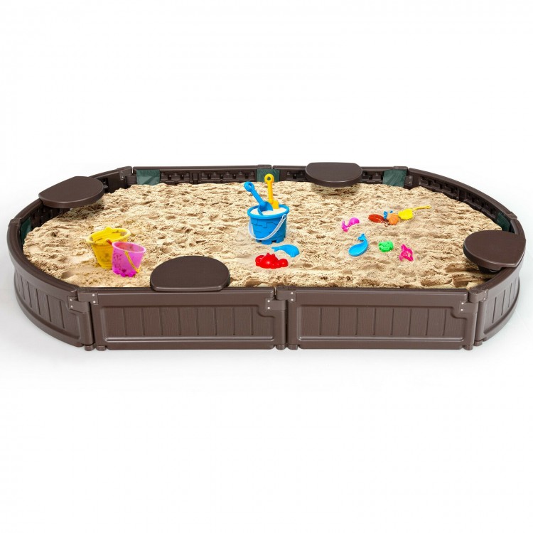Sandbox with built-in corner seats in brown, featuring a dust-proof cover and lightweight design for outdoor play.