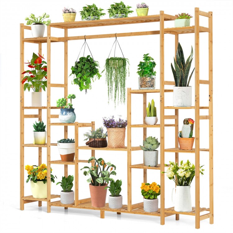 9-tier bamboo plant stand featuring shelves and a hanging rack, ideal for displaying various potted plants indoors or.