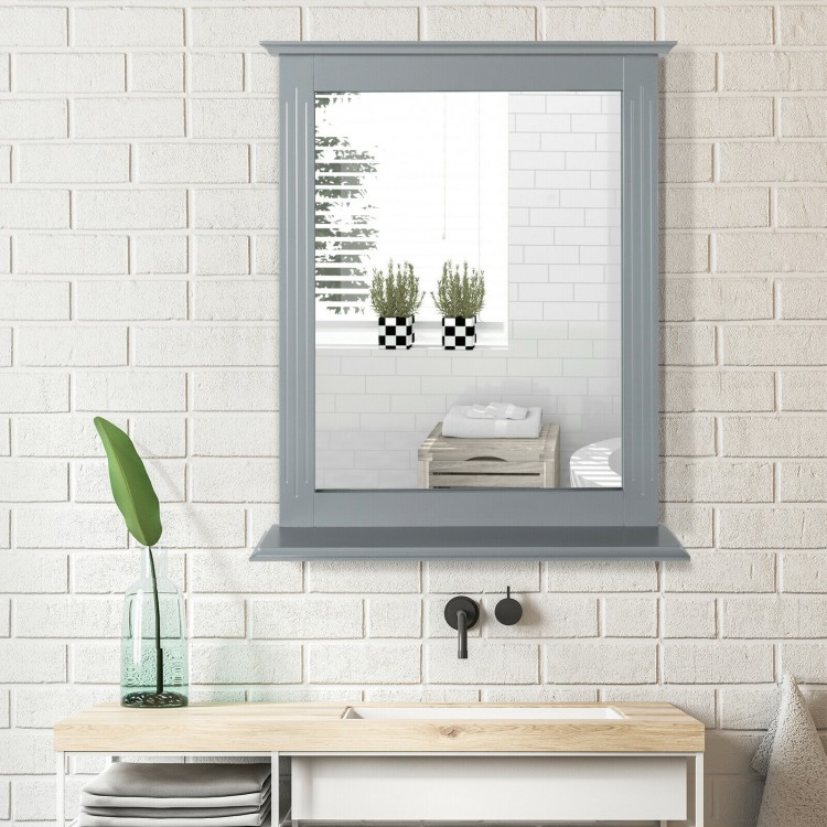 Gray wall-mounted vanity mirror with shelf, featuring a high-definition reflection and elegant design for versatile.