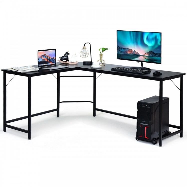 L-shaped corner computer desk in black with spacious countertop, adjustable footpads, and separate CPU stand for.