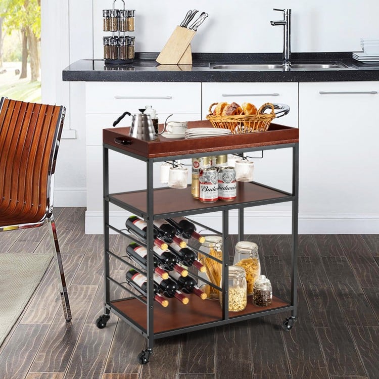 Three-tier storage bar serving cart with wine rack, made of wood and metal, ideal for kitchens and restaurants.