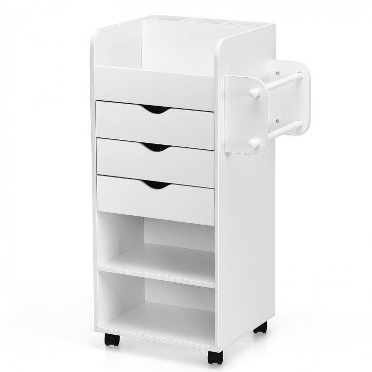 White wooden utility rolling craft storage cart with three drawers and shelves, ideal for compact spaces and easy.