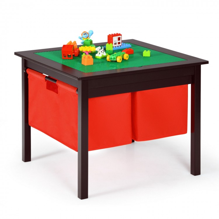 Kids double-sided activity building block table in brown with red drawers, perfect for play, reading, and drawing.