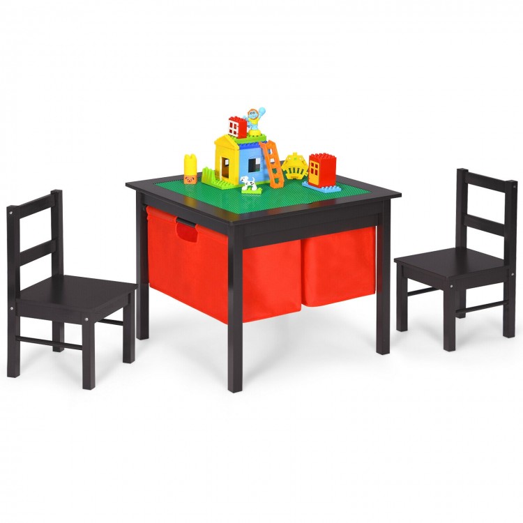 Kids activity table set with storage, dark brown finish, includes two chairs, perfect for play and creative activities.