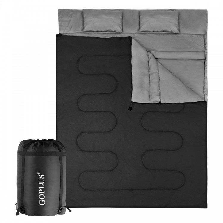 Double sleeping bag in black with two pillows, waterproof design, ideal for camping and outdoor activities.