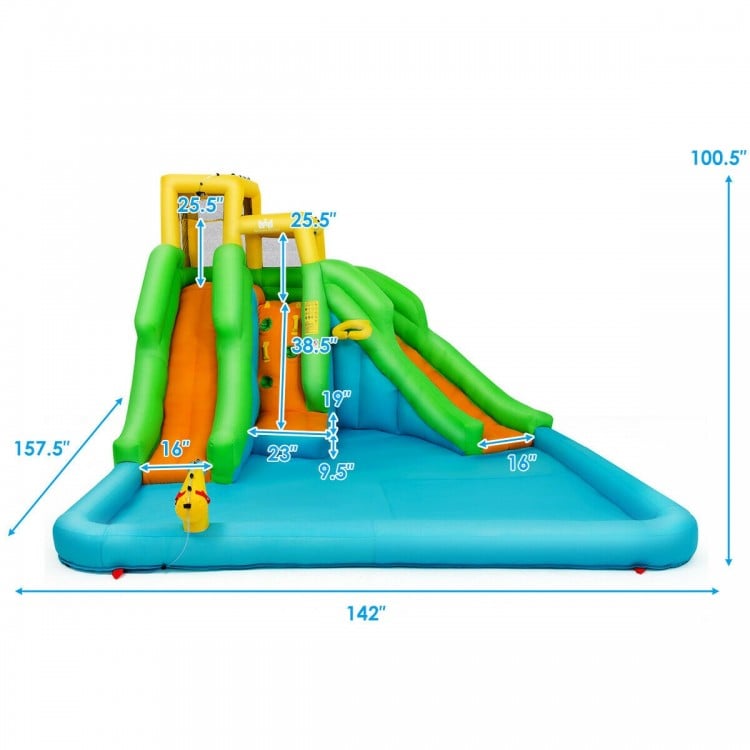 Inflatable Water Park Bounce House with climbing wall, bright colors, 142" x 100.5", perfect for garden fun.