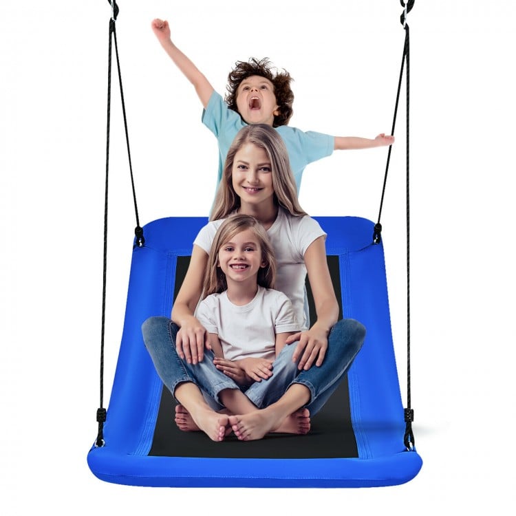 Giant 60-inch blue platform tree swing with kids and adult, featuring durable Oxford fabric and adjustable ropes for.