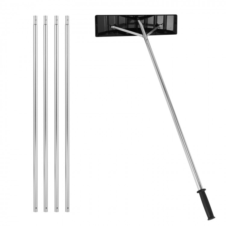 Extendable 20 ft aluminum snow roof rake with 25" wide blade and anti-slip handle for efficient snow removal.