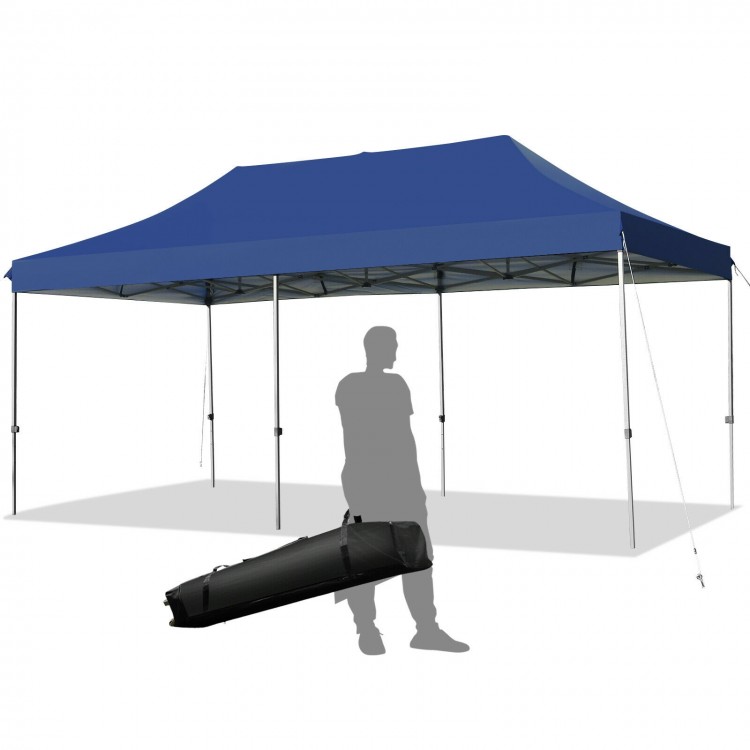 Adjustable 10 x 20 feet blue folding canopy with sturdy steel frame, ideal for outdoor events and easy to transport.