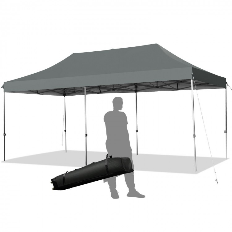 Adjustable 10 x 20 feet gray folding sun shelter with sturdy steel frame and wheeled carrying bag, ideal for outdoor.
