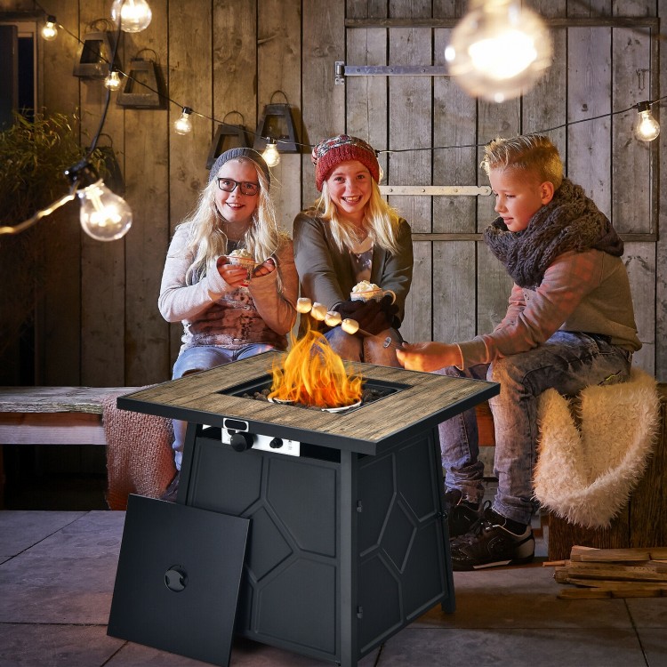 28" propane gas fire pit table with stainless steel burner, lava stone, and cover, perfect for outdoor gatherings.
