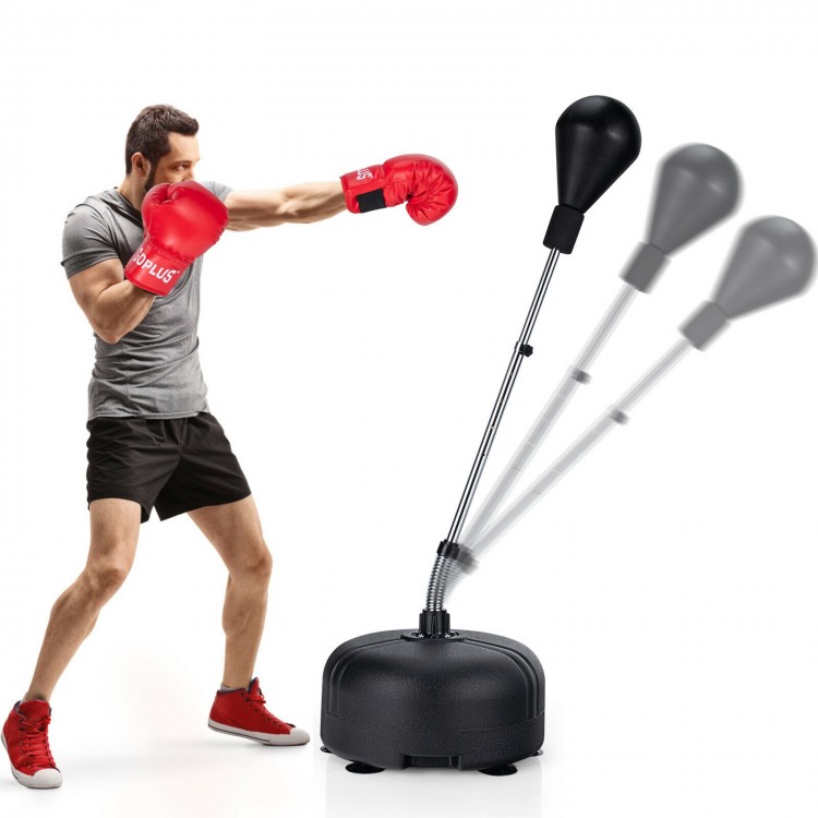 Freestanding punching bag with adjustable height, durable base, and breathable gloves for family fitness training.