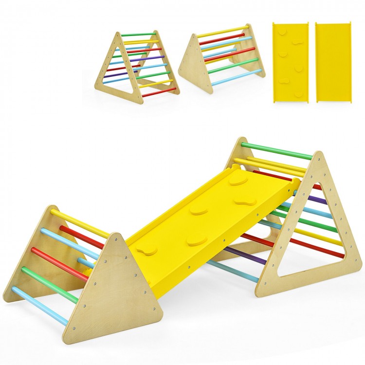 3-in-1 wooden climbing set with two triangle climbers and a yellow ramp, ideal for developing kids' motor skills.